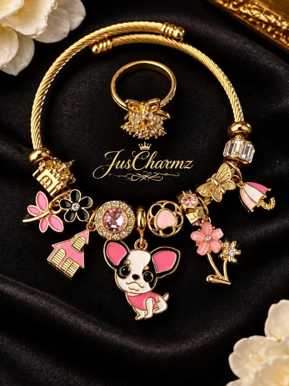 Puppy Charm Bracelet & Matching Ring Set | Dog Lover Gift